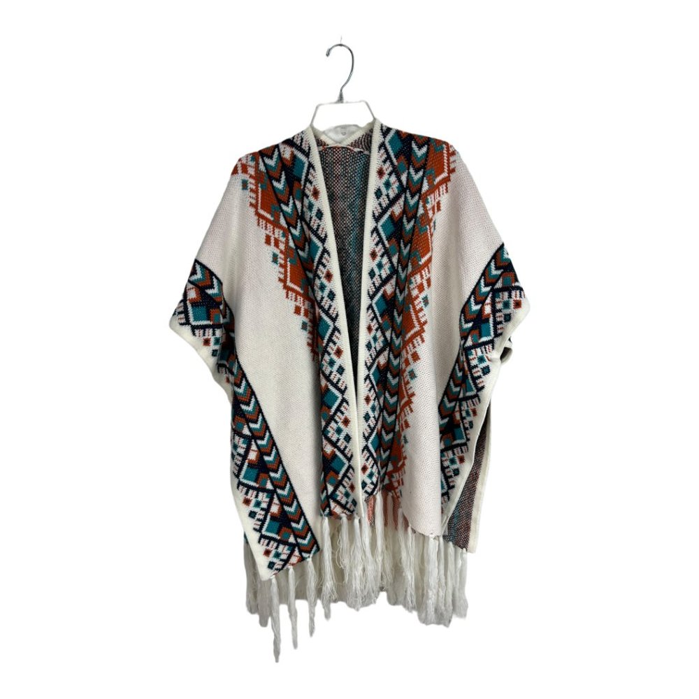 Boho thick knit poncho sweater fringe hem One Size Cream blue Southwestern